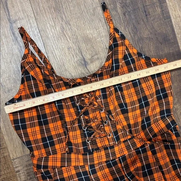 Hot Topic Black & Orange Plaid Pleated Lace-Up Dress Halloween - Picture 7 of 8